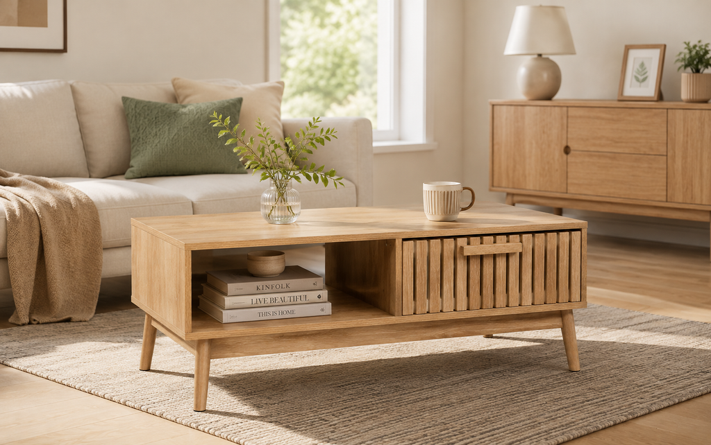 Mid-Century Modern Coffee Table with Sliding Slatted Door, Wooden Center Table with Open Storage Shelf for Living Room, Natural Oak Finish