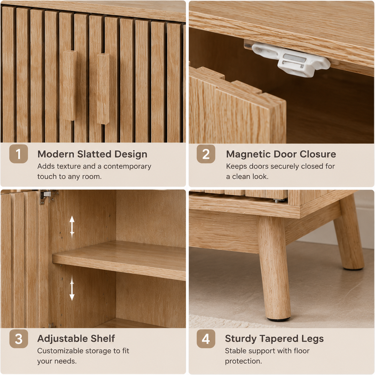 Modern Oak Bathroom Vanity Cabinet with Slatted Doors, Freestanding Storage Cabinet with Adjustable Shelf