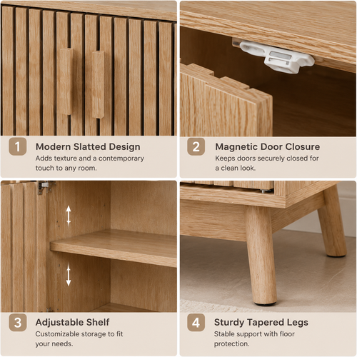 Modern Oak Bathroom Vanity Cabinet with Slatted Doors, Freestanding Storage Cabinet with Adjustable Shelf