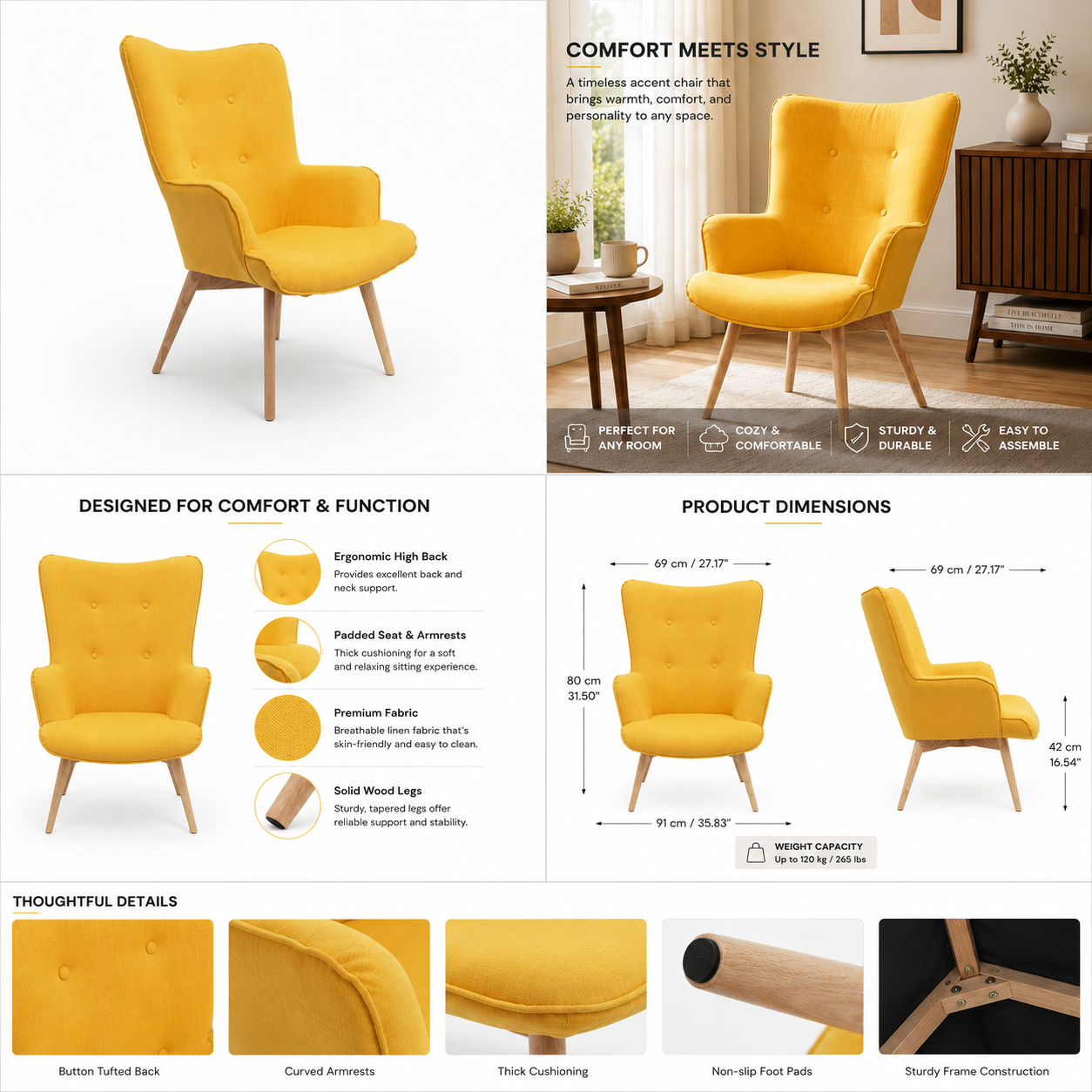 Mid-Century Modern Accent Chair with High Back, Upholstered Wingback Armchair, Button Tufted Lounge Chair with Solid Wood Legs for Living Room, Bedroom & Reading Nook