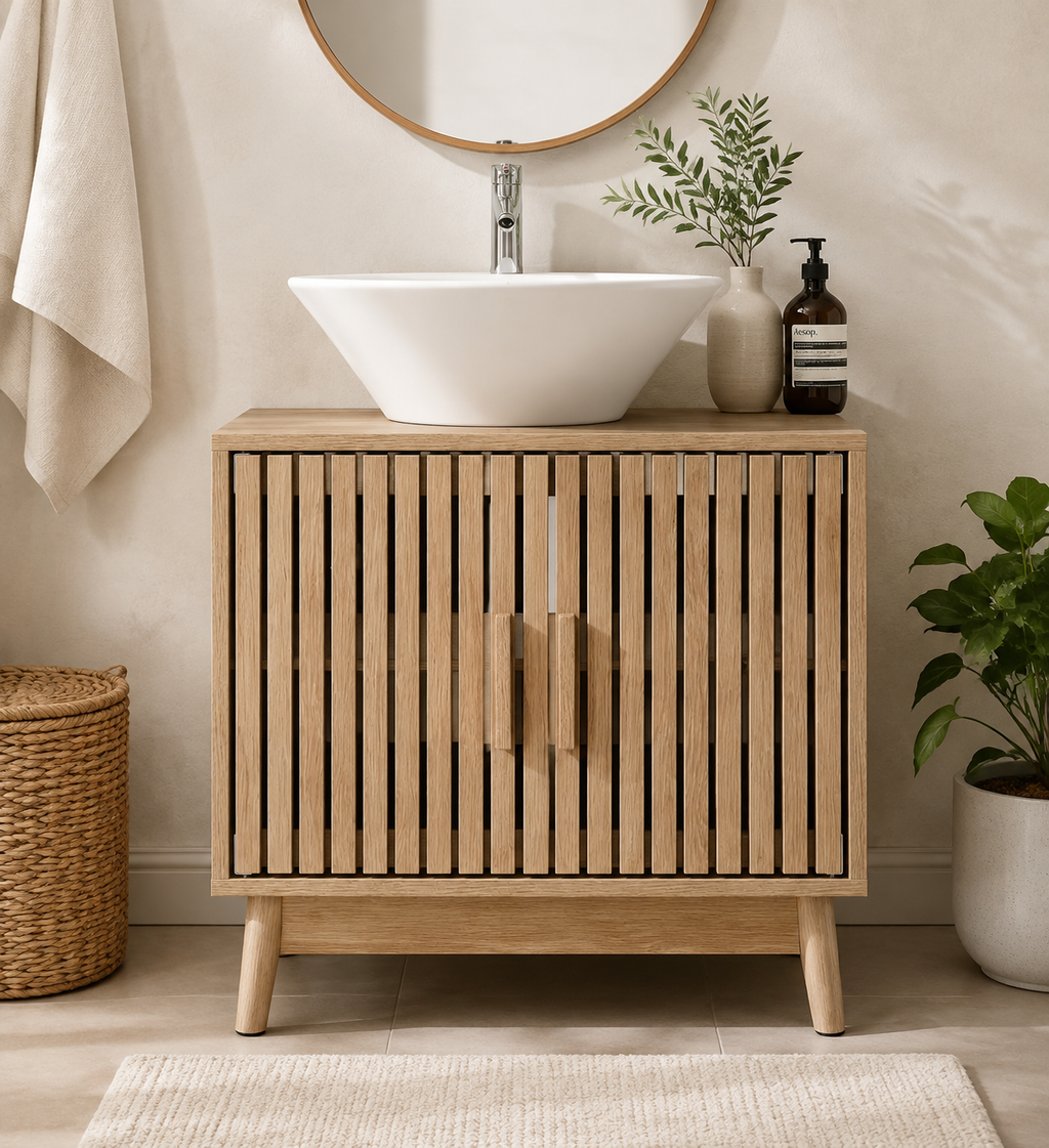 Modern Oak Bathroom Vanity Cabinet with Slatted Doors, Freestanding Storage Cabinet with Adjustable Shelf