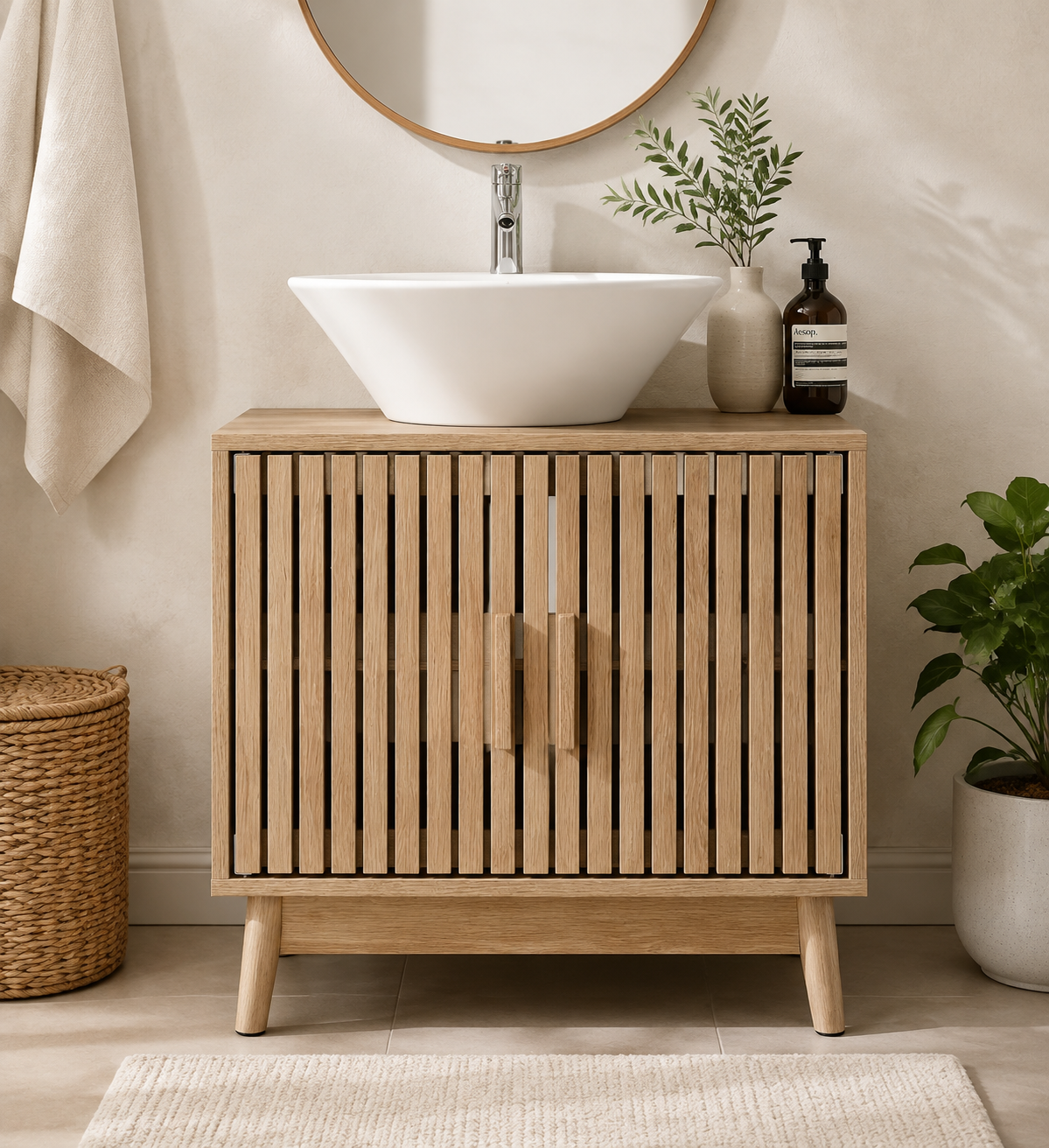 Modern Oak Bathroom Vanity Cabinet with Slatted Doors, Freestanding Storage Cabinet with Adjustable Shelf