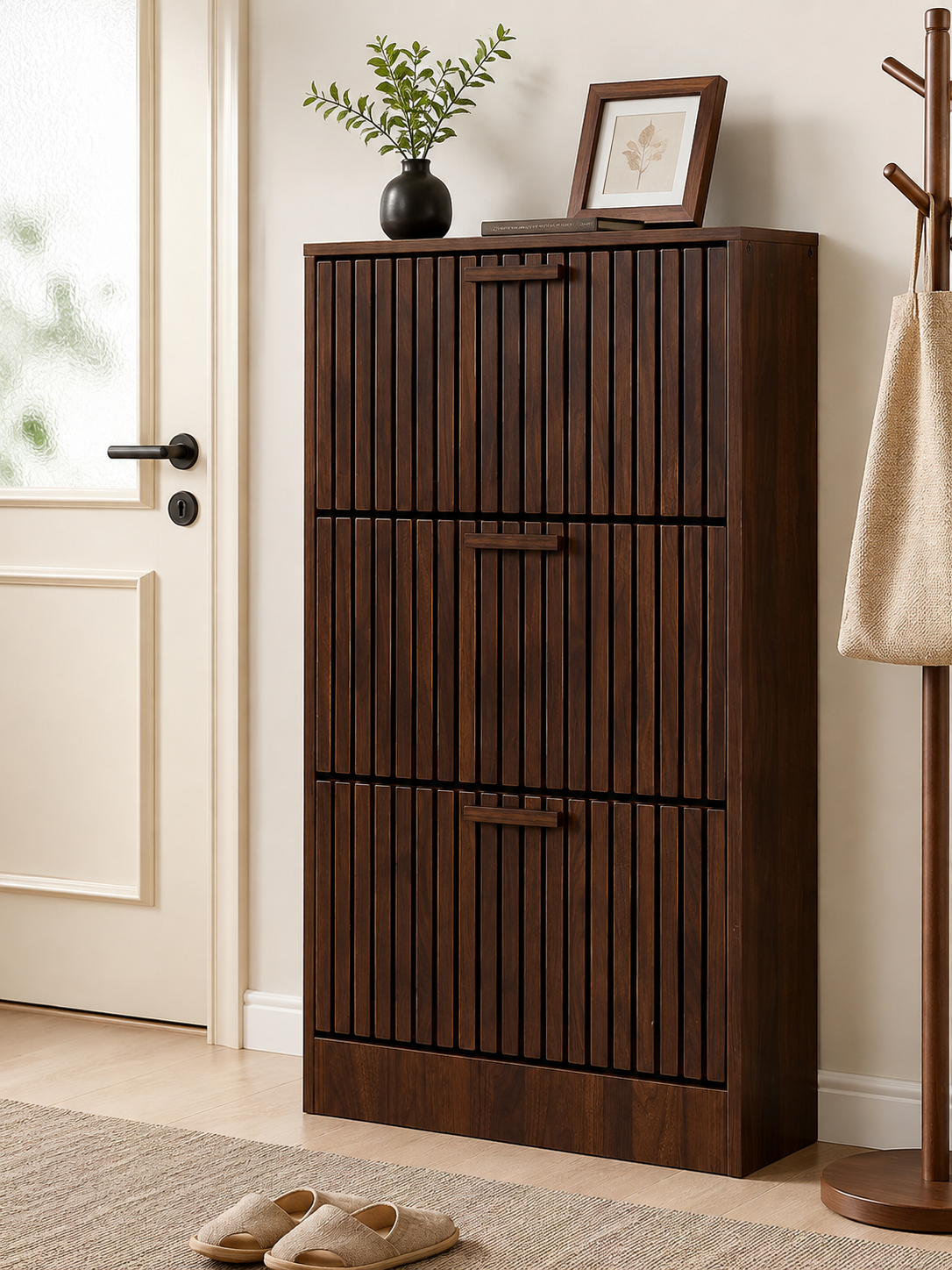 3-Tier Flip-Down Shoe Cabinet with Slatted Doors, Space-Saving Wooden Shoe Storage Organizer for Entryway, Hallway & Bedroom
