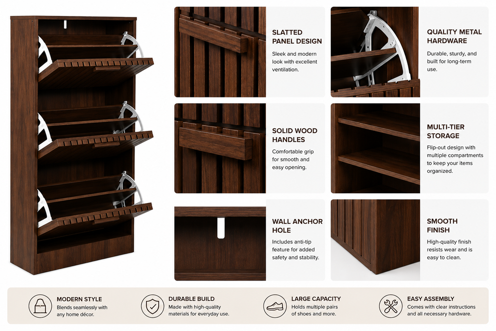 3-Tier Flip-Down Shoe Cabinet with Slatted Doors, Space-Saving Wooden Shoe Storage Organizer for Entryway, Hallway & Bedroom