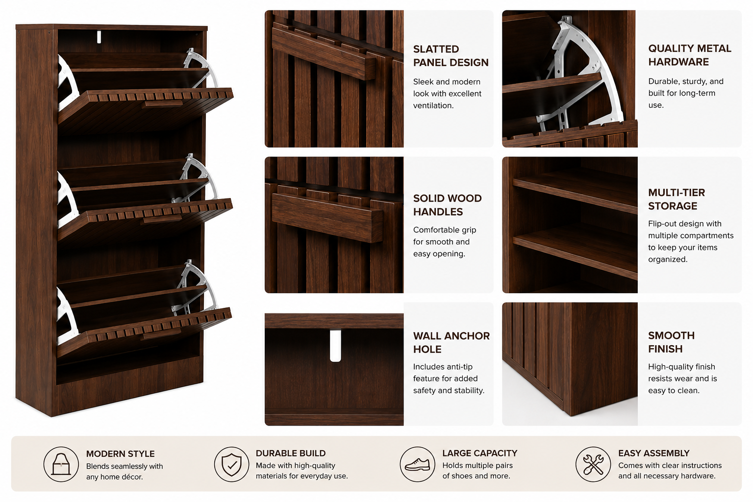 3-Tier Flip-Down Shoe Cabinet with Slatted Doors, Space-Saving Wooden Shoe Storage Organizer for Entryway, Hallway & Bedroom