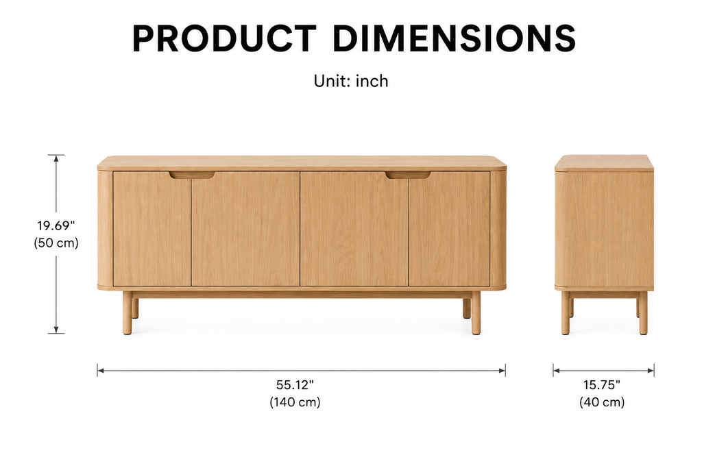 Modern Natural Wood Sideboard Buffet Cabinet with 4 Doors, Mid-Century Storage Cabinet for Living Room, Dining Room & Entryway