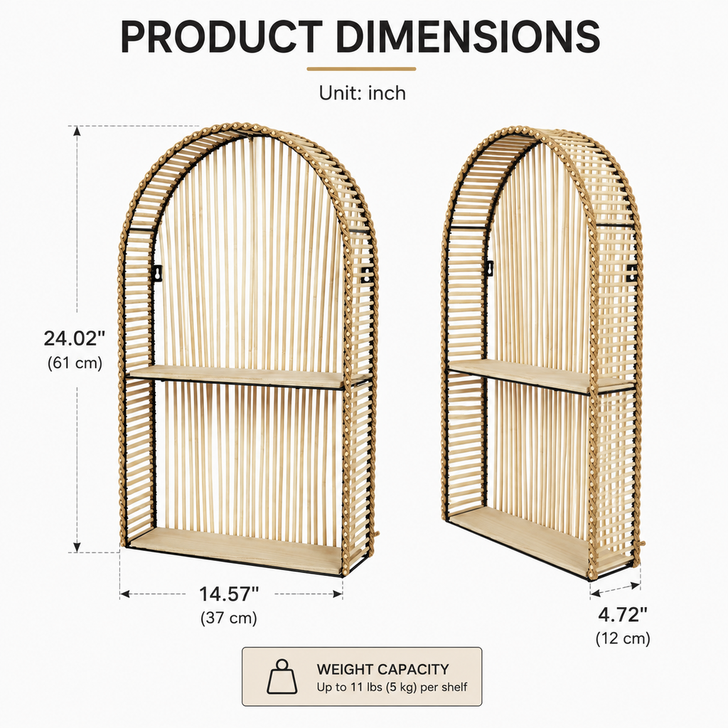 Boho Arched Rattan Wall Shelf, 2-Tier Hanging Floating Shelf with Natural Wood Shelves, Decorative Wall Organizer for Bedroom, Bathroom, Living Room & Entryway