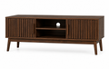 Mid-Century Modern TV Stand with Slatted Doors, Walnut Wood Entertainment Center with Open Storage Shelves for TVs up to 65 Inch