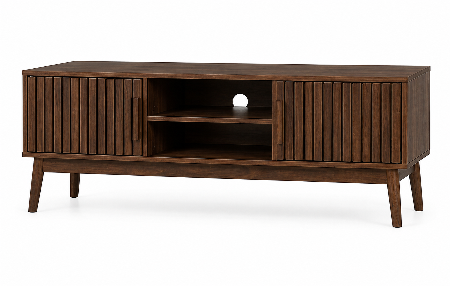 Mid-Century Modern TV Stand with Slatted Doors, Walnut Wood Entertainment Center with Open Storage Shelves for TVs up to 65 Inch