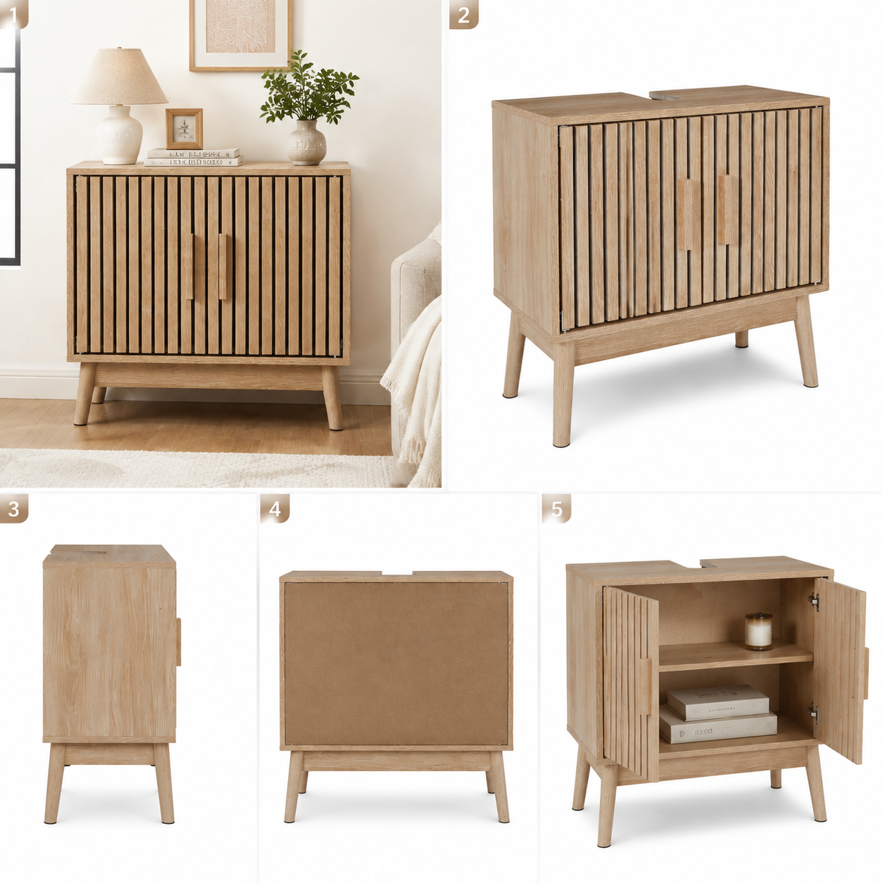 Modern Oak Bathroom Vanity Cabinet with Slatted Doors, Freestanding Storage Cabinet with Adjustable Shelf