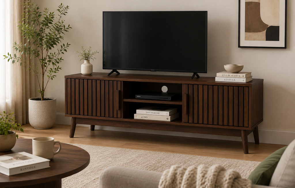 Mid-Century Modern TV Stand with Slatted Doors, Walnut Wood Entertainment Center with Open Storage Shelves for TVs up to 65 Inch