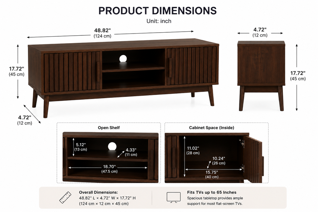 Mid-Century Modern TV Stand with Slatted Doors, Walnut Wood Entertainment Center with Open Storage Shelves for TVs up to 65 Inch