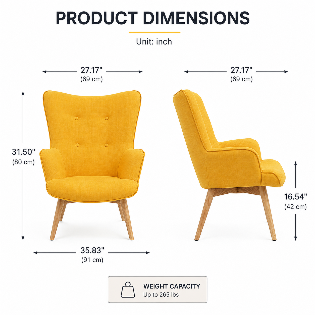 Mid-Century Modern Accent Chair with High Back, Upholstered Wingback Armchair, Button Tufted Lounge Chair with Solid Wood Legs for Living Room, Bedroom & Reading Nook