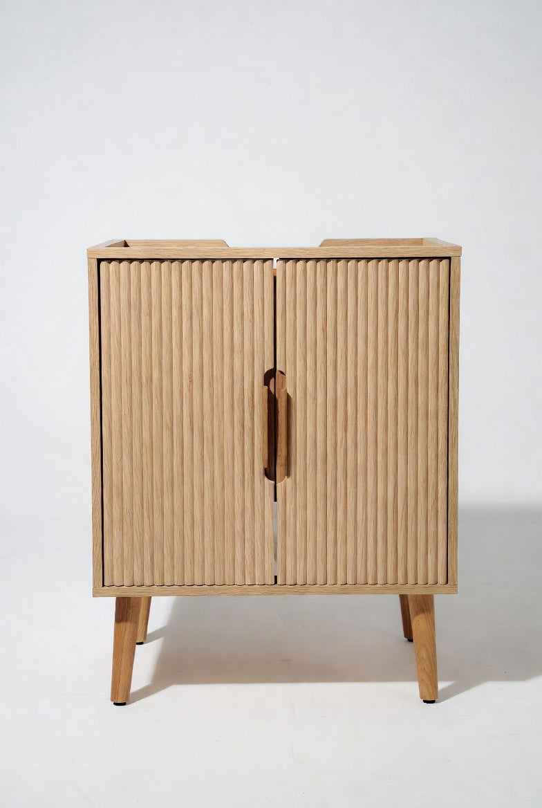 Modern Oak Bathroom Vanity Cabinet with Slatted Doors, Freestanding Storage Cabinet with Adjustable Shelf
