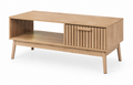 Mid-Century Modern Coffee Table with Sliding Slatted Door, Wooden Center Table with Open Storage Shelf for Living Room, Natural Oak Finish