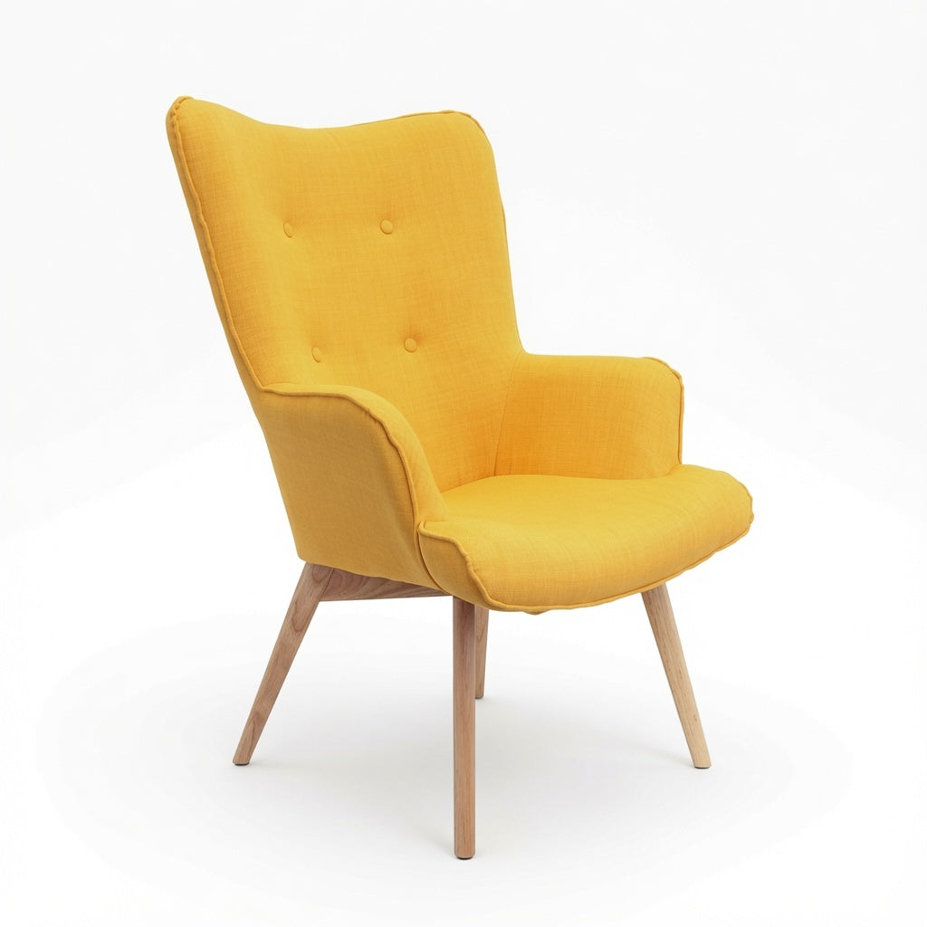 Mid-Century Modern Accent Chair with High Back, Upholstered Wingback Armchair, Button Tufted Lounge Chair with Solid Wood Legs for Living Room, Bedroom & Reading Nook