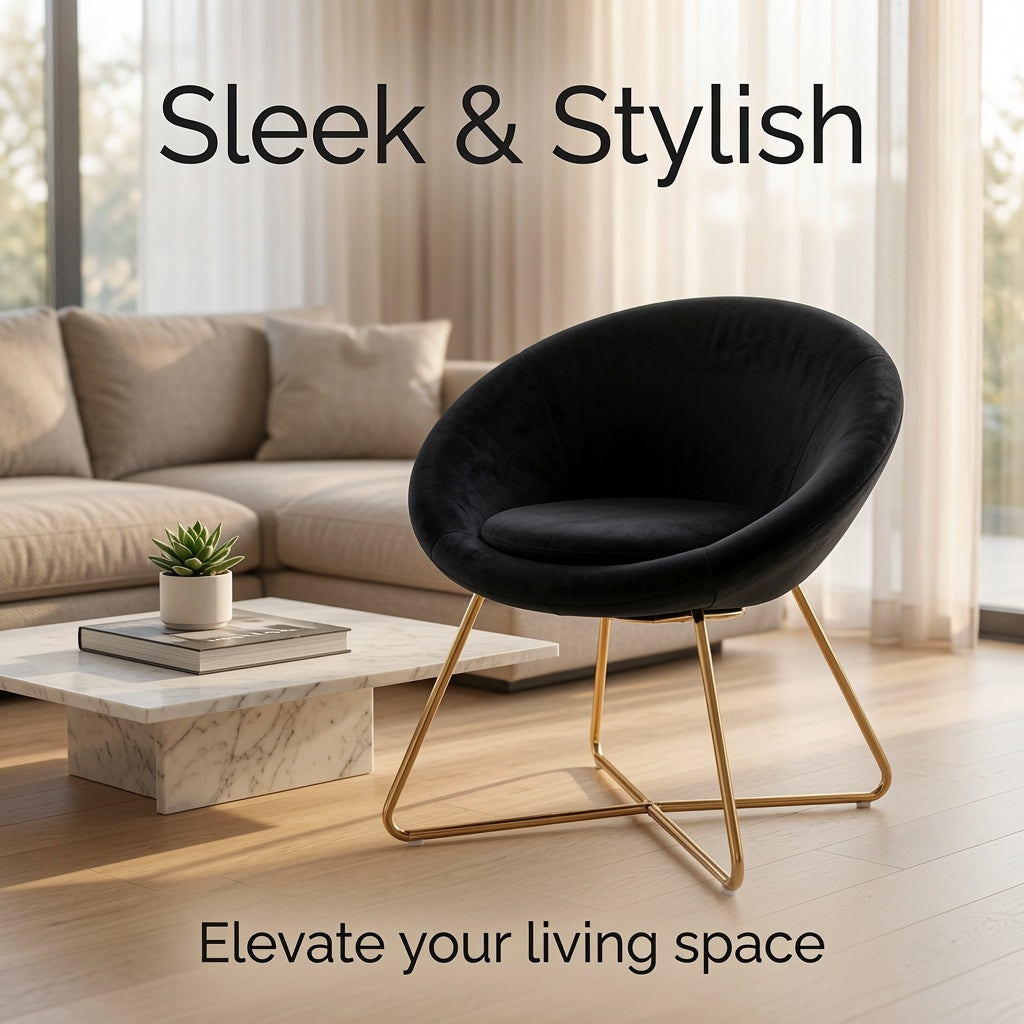 Modern Velvet Accent Chair with Gold Metal Legs, Upholstered Barrel Lounge Chair for Living Room, Bedroom, Vanity & Reading Nook, Black