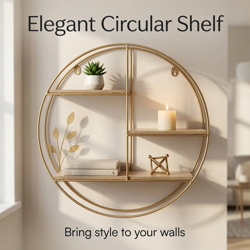 Boho Round Wall Shelf with Wooden Shelves, Gold Metal Hanging Wall Shelf, 3-Tier Decorative Floating Storage Shelf for Living Room, Bedroom, Bathroom & Entryway