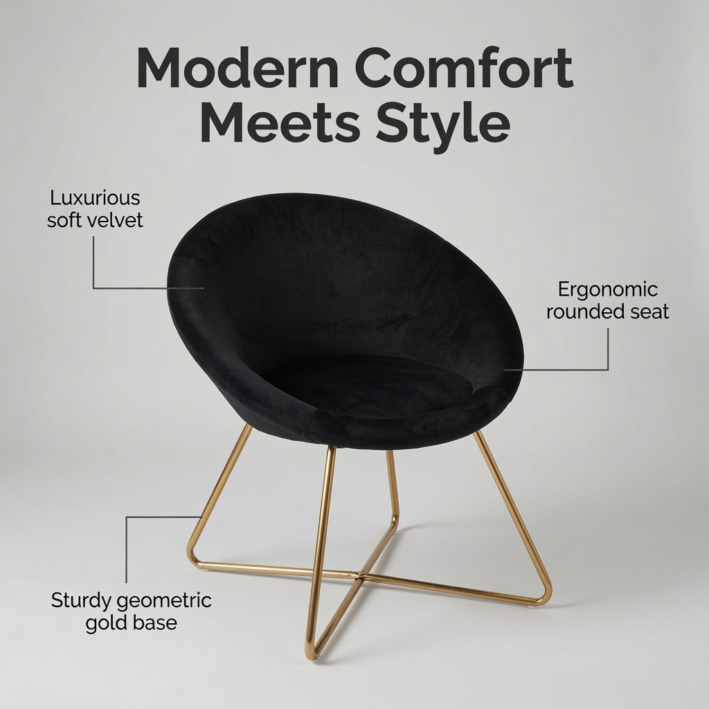 Modern Velvet Accent Chair with Gold Metal Legs, Upholstered Barrel Lounge Chair for Living Room, Bedroom, Vanity & Reading Nook, Black