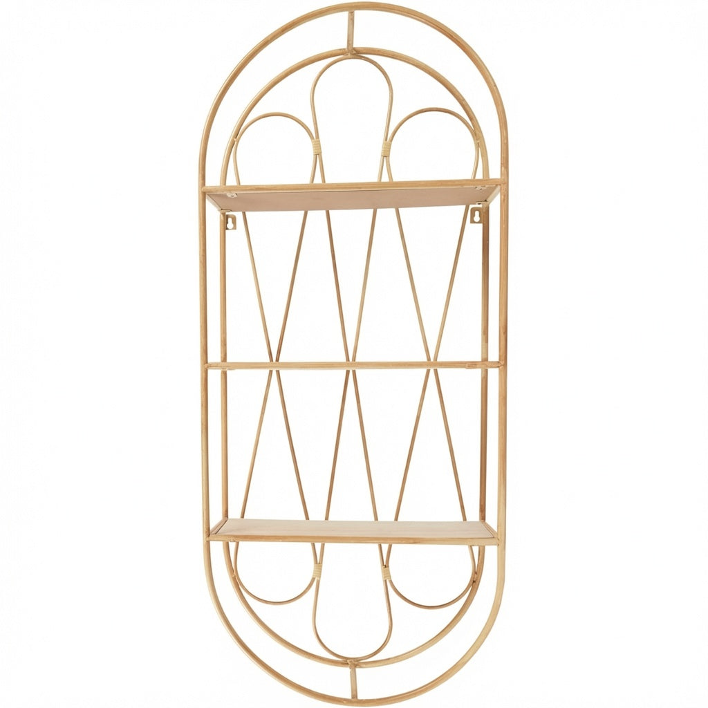 Boho Wall Shelf with Wooden Shelves, 2-Tier Decorative Hanging Wall Organizer, Natural Rattan Arch Floating Shelf for Living Room, Bathroom, Bedroom & Entryway