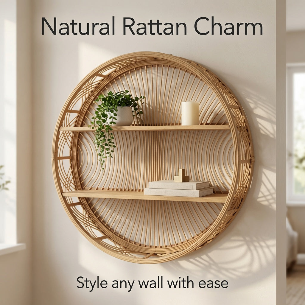 Modern Round Wall Shelf with Wooden Shelves, Decorative Metal Hanging Display Shelf for Living Room, Bedroom, Bathroom & Entryway