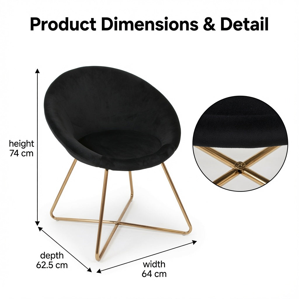 Modern Velvet Accent Chair with Gold Metal Legs, Upholstered Barrel Lounge Chair for Living Room, Bedroom, Vanity & Reading Nook, Black