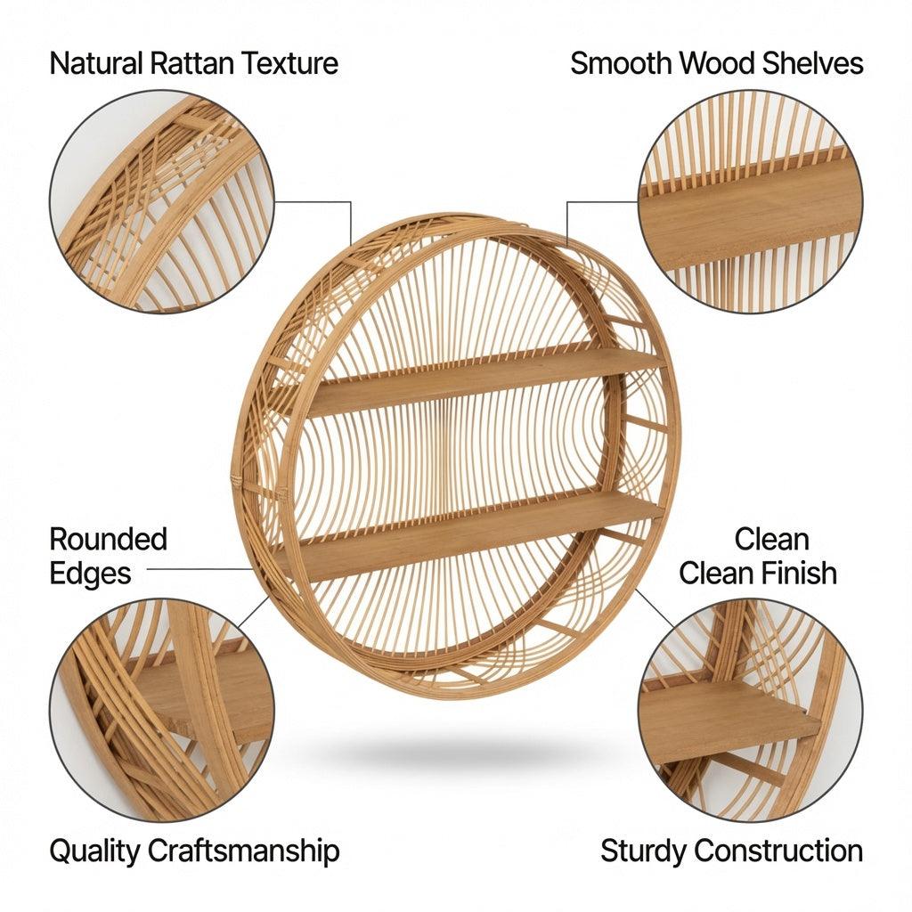 Modern Round Wall Shelf with Wooden Shelves, Decorative Metal Hanging Display Shelf for Living Room, Bedroom, Bathroom & Entryway