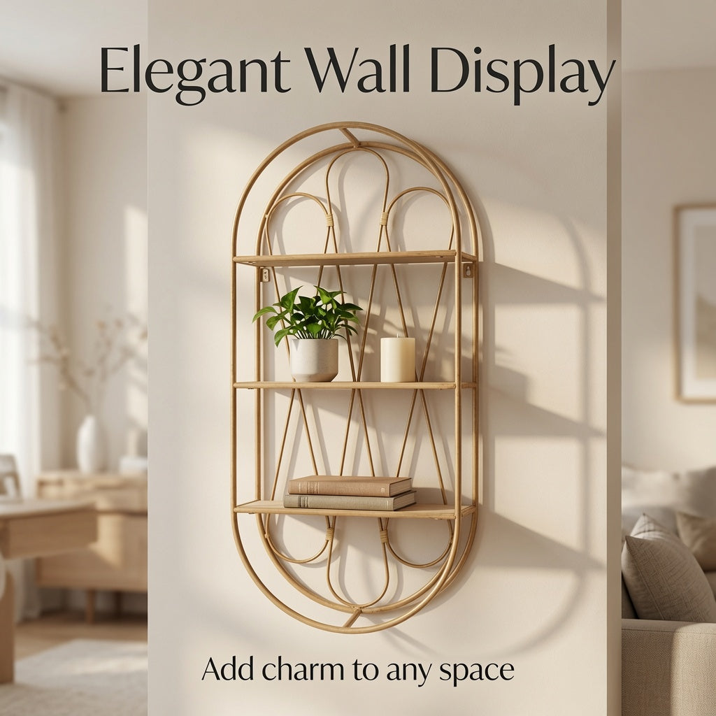 Boho Wall Shelf with Wooden Shelves, 2-Tier Decorative Hanging Wall Organizer, Natural Rattan Arch Floating Shelf for Living Room, Bathroom, Bedroom & Entryway