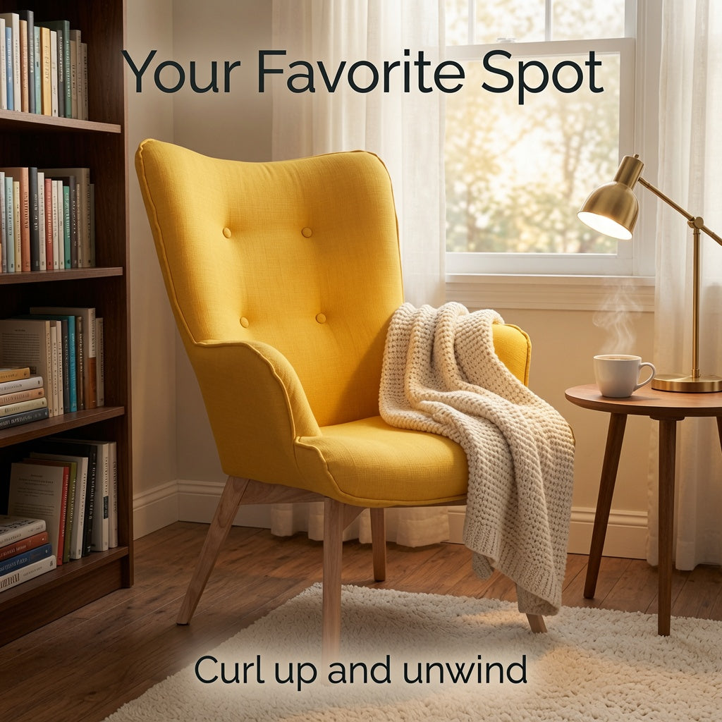 Mid-Century Modern Accent Chair with High Back, Upholstered Wingback Armchair, Button Tufted Lounge Chair with Solid Wood Legs for Living Room, Bedroom & Reading Nook