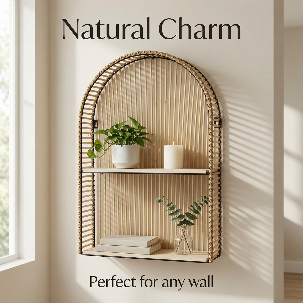 Boho Arched Rattan Wall Shelf, 2-Tier Hanging Floating Shelf with Natural Wood Shelves, Decorative Wall Organizer for Bedroom, Bathroom, Living Room & Entryway
