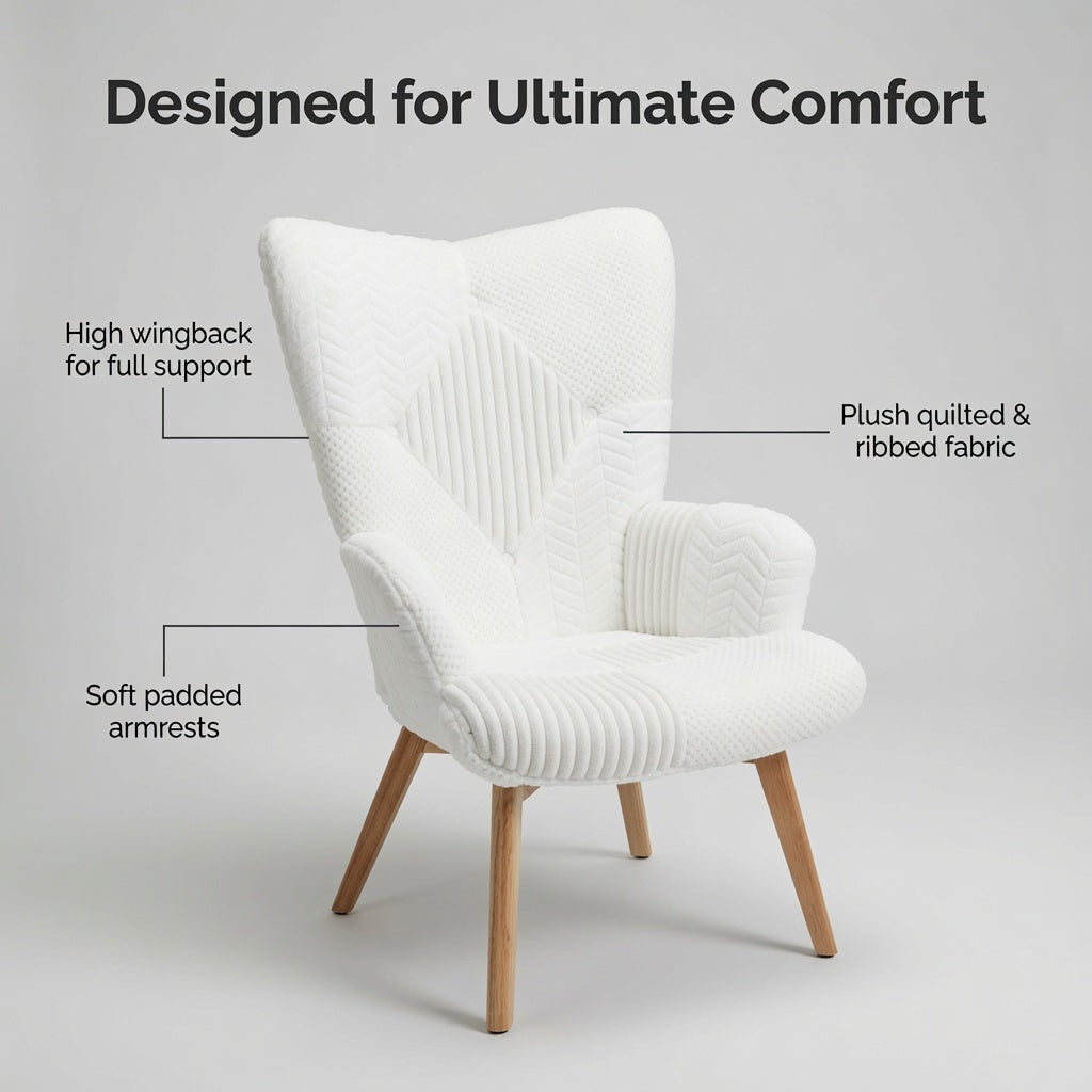 Modern Teddy Fleece Accent Chair with High Back, Upholstered Wingback Armchair, Soft Lounge Chair with Solid Wood Legs for Living Room, Bedroom & Reading Nook